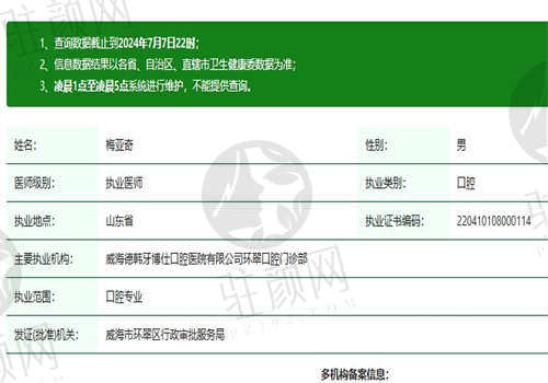 威海德韩牙博仕口腔医院梅亚奇医生资质