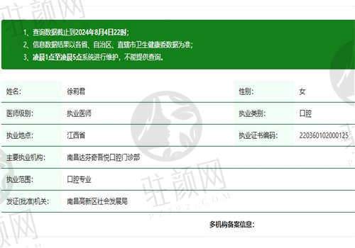南昌瑞尔恩口腔医院徐莉君医生的资质