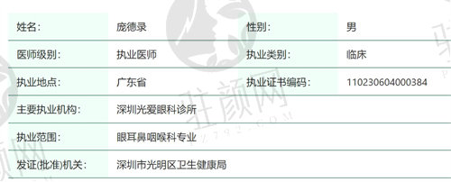 深圳光爱眼科诊所庞德录医生怎么样