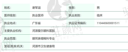 河源爱尔眼科医院谢军谊医生怎么样？