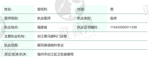 福州台江黑马眼科曾宪利医生简介